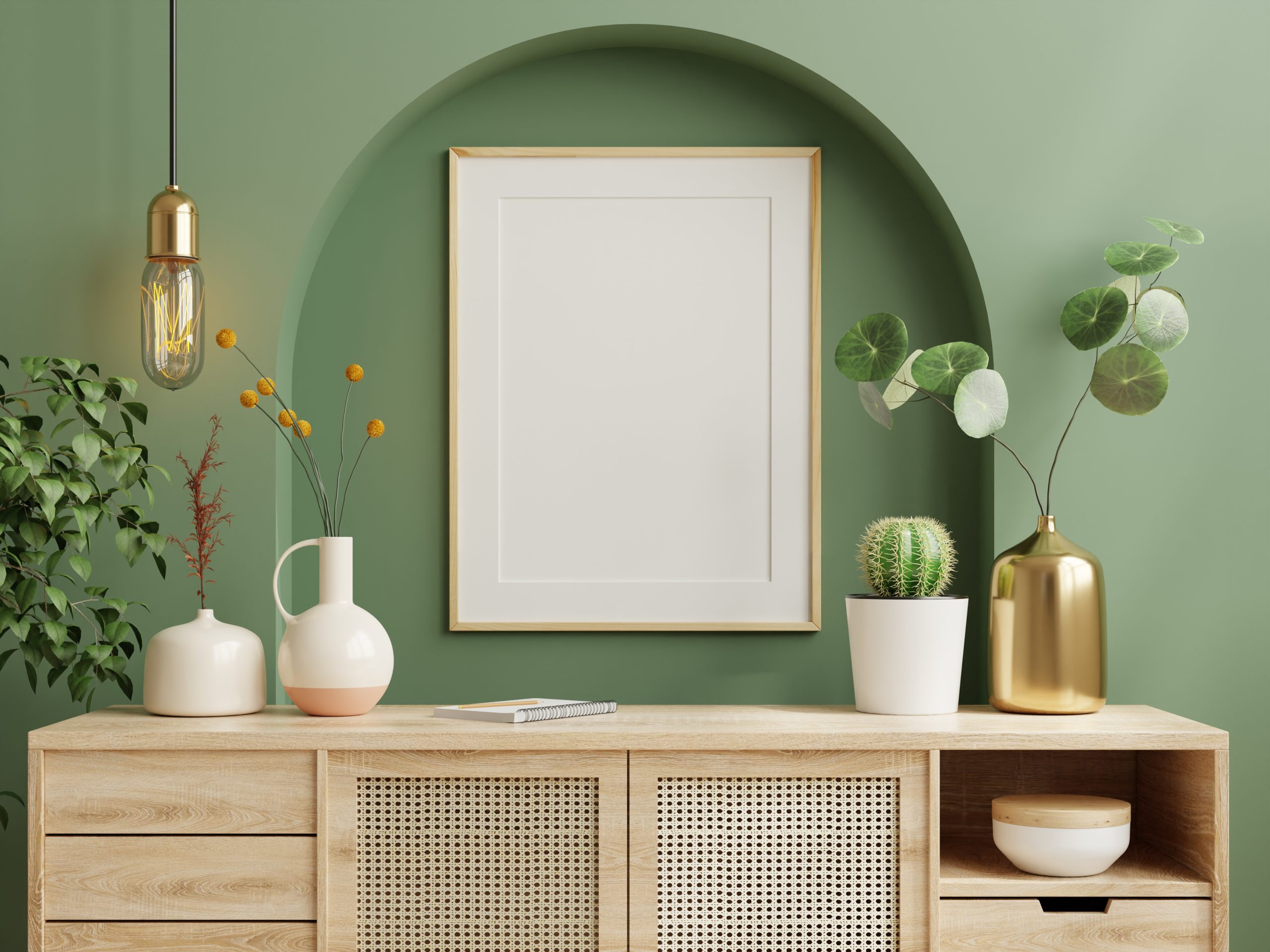 Mockup photo frame green wall mounted on the wooden cabinet.3d rendering
